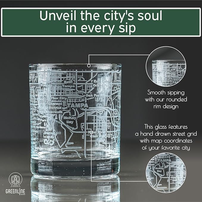 Greenline Goods Whiskey Glasses - 10 Oz Tumbler Gift Set for Tampa lovers, Etched with Tampa Map Old Fashioned Rocks Glass - Set of 2