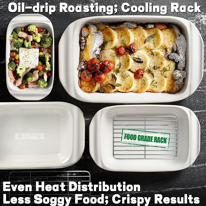 Artena Baking Dish 5.1 Quarts, Casserole Dishes For Oven, Baking Pan With Handles, Lasagna Pan Deep, Large Casserole Dish, Rectangular White Ceramic Bakeware (Baking Dish With Rack)