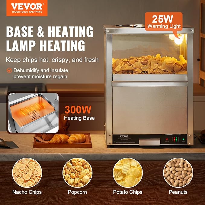 VEVOR Nacho Chip Warmer, 84.5QT Stainless Steel Machine with Warming Light, Deflection Board, for Popcorn, Potato Chips, Peanuts