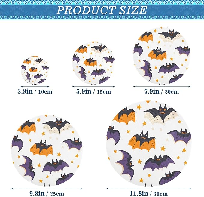 5 Pcs Bowl Covers Reusable in 5 Size Elastic Food Cover Cloth Lids Fresh Keeping Dish Cookware Bakeware Fabric Covers Lids for Food Leftovers Fruits Storage White Halloween Bats and Stars