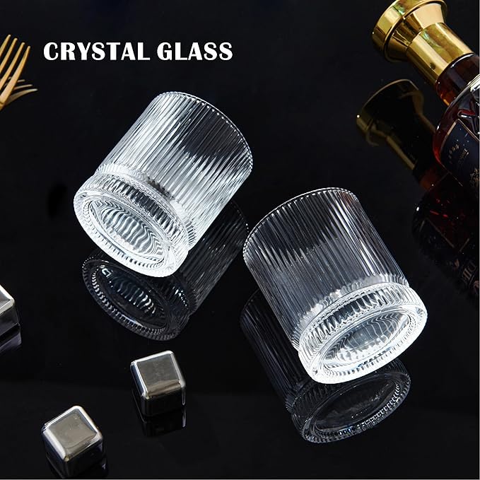 Crystal Old Fashioned Whiskey Glasses Set of 6, 12 Oz Ribbed Bourbon Glass, Ultra-Clarity Double Base Liquor Vodka rocks Cocktail Scotch Tumbler Bar Glasses Set