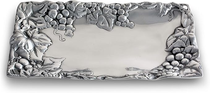 Arthur Court Metal Bread Serving Tray Grape Pattern Sand Casted in Aluminum with Artisan Quality Hand Polished Design Tarnish-Free 6 inch x 12 inch