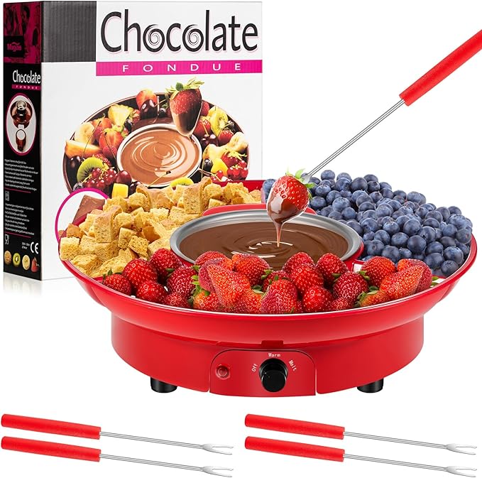 Lallisa Electric Fondue Pot Set, Chocolate Fondue Kit, Electric Fondue Maker, detachable Serving Trays with 4 Roasting Forks, gift Set for Date Night House Warming Melting Parties (Red)