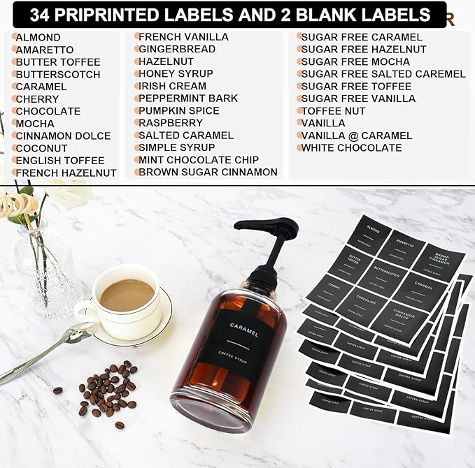 Coffee Syrup Dispenser for Coffee Bar, Glass Syrup Dispenser with Pump, Coffee Syrup Pump Dispenser Bottle with Tray, Spoon for Coffee Station, Coffee Bar Organizer, Black,16.9 oz, 500 ml