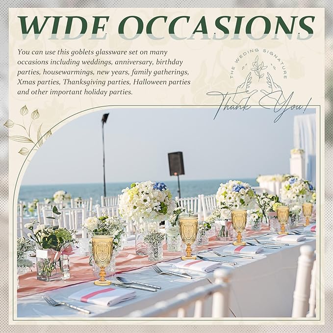 24 Pcs Plastic Goblets 7.5oz Vintage Goblet Plastic Wine Glasses Colored Retro Embossed Water Goblets for Wine Bar Juice Baby Shower Wedding Reception Grand Event Party (Amber)