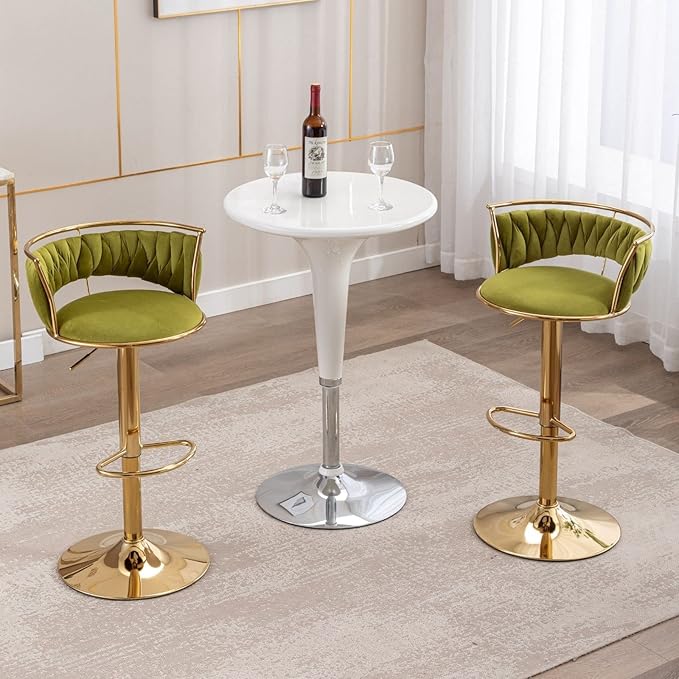 LukeAlon Velvet Adjustable Barstools Set of 2, Modern 360° Swivel Counter Stools with Golden Base Upholstered Open Back Tall Bar Chairs with Footrest for Home Kitchen, Green