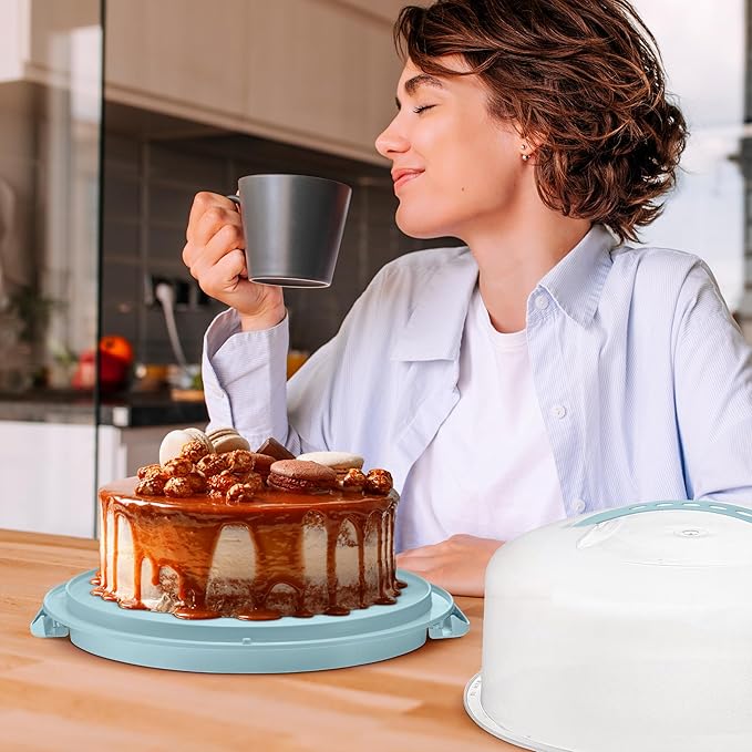 Tribello Extra Large Cake Storage Container, Cake Carrier With Handle Holds Cake 12 X 12 X 5 (Blue)