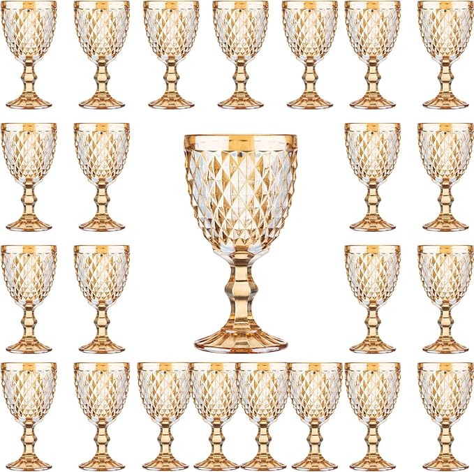 24 Pcs Vintage Wine Glasses, 10 Ounce Colored Glass Water Goblets, Unique Embossed Pattern High Clear Stemmed Glassware Wedding Party Bar Glass Drinking Cups, Diamond Amber Glasses Set of 24