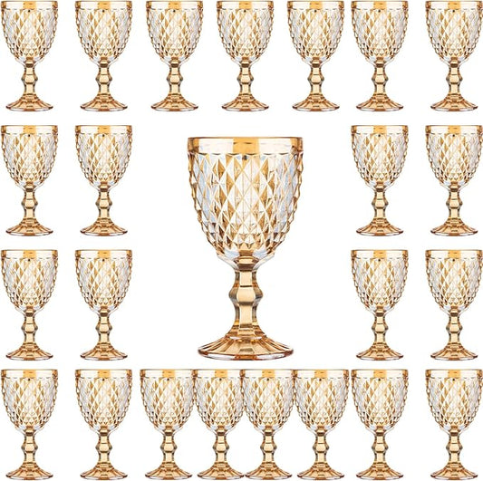 24 Pcs Vintage Wine Glasses, 10 Ounce Colored Glass Water Goblets, Unique Embossed Pattern High Clear Stemmed Glassware Wedding Party Bar Glass Drinking Cups, Diamond Amber Glasses Set of 24