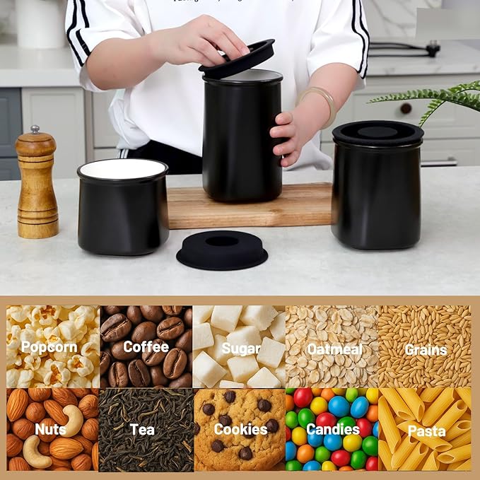 Nucookery Canisters Sets for the Kitchen Countertop, 3 Pcs Ceramic Jar with Silicone Lid, 40oz, 30oz, 20oz Food Storage Containers for Flour, Sugar, Coffee, Grains,Tea, Cookies, Dry Food Organization