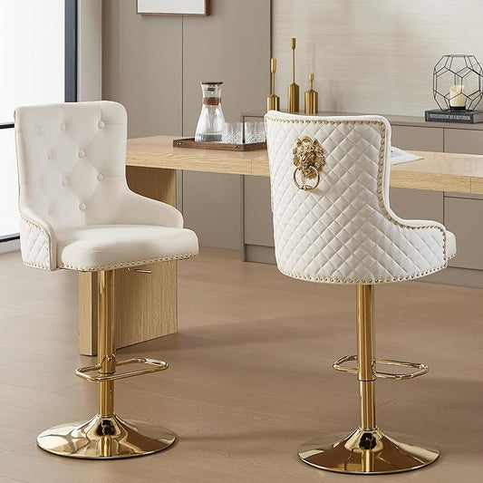 Velvet Gold Barstools Set of 2, Modern Counter Height Adjustable Swivel Stools Chairs with High Tufted Backrest Golden Base Lion Head Pull Ring Diamond Pattern Rivet Trim for Kitchen, Cream
