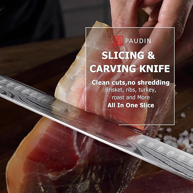 PAUDIN Brisket Knife, 12 Inch Carving Knife Stainless Steel Brisket Slicing Knifes with Granton Edge for Meat Cutting, Roasts, BBQ, Turkey