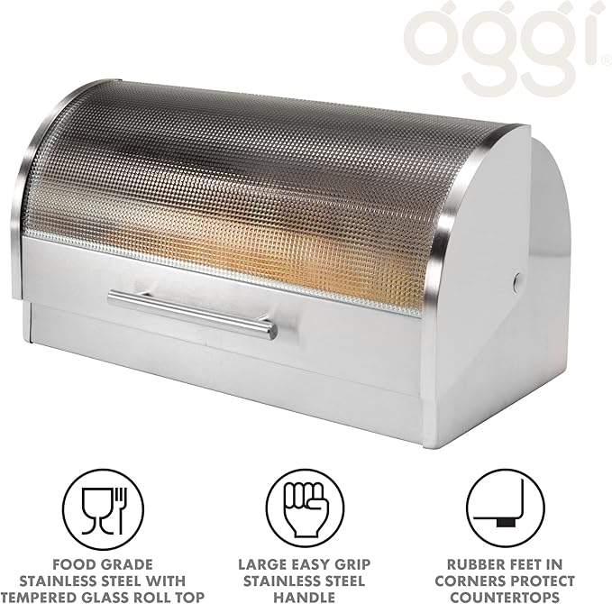 Oggi Stainless Steel Roll Top Bread Box for Kitchen Countertop with Tempered Glass Lid - Fits Multiple Large Loaves of Bread and Other Freshly Baked Goods Including Cookies, Bagels, Muffins