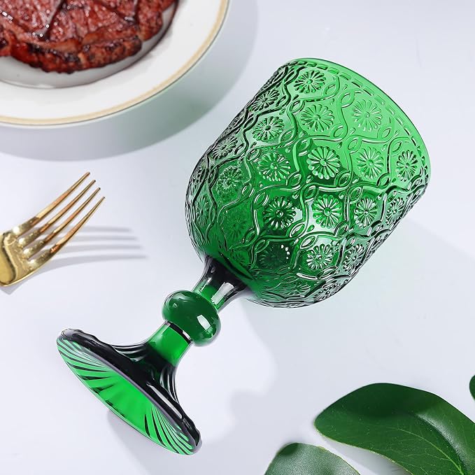 Joeyan Vintage Green Glass Wine Goblet,Embossed Floral Stemmed Wine Glasses,Colored Drinking Cups,Heavy-Duty Glassware for Wedding Party Bar,12 oz,Set of 4,Dishwasher Safe