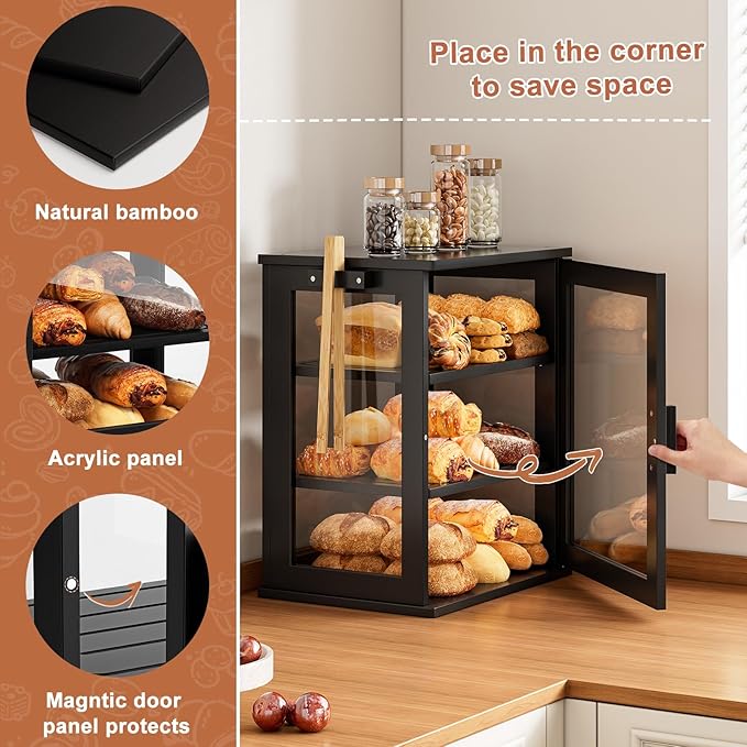 WOWLIVE Black Bread Box for Kitchen Countertop, Large 3 Layers Bread Storage Container for Homemade Bread with Window, Farmhouse Breadbox Organizer for Kitchen, Cabinet, Pantry (Black, Meduim)