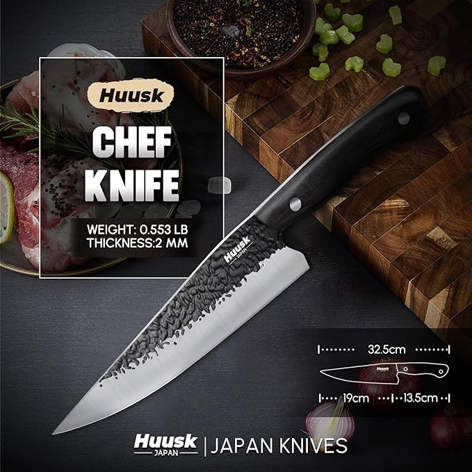 Huusk Chef Knife Japanese Kitchen - Hand Forged Viking Knife for Meat Cutting - Ideal Kitchen Knife Made From a Single Piece of High Carbon Steel - Full Tang Wooden Handle - Birthday Gift for Men