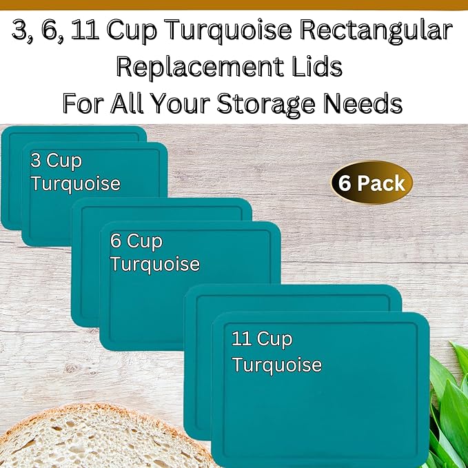 3, 6 & 11 Cup Turquoise Replacement Lids/Covers for Pyrex, Anchor Hocking & KlareWare Storage Bowls *Lids Only Glass Container Not Included* (6 Pack *Two of Each Size*)