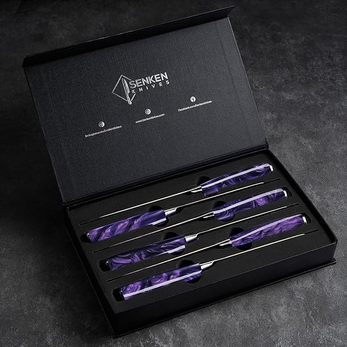SENKEN Professional Steak Knife Set with Engraved Damascus Pattern, Razor Sharp Blade, High Carbon Steel with Gift Box (Amethyst Purple, Steak Knives Set of 6)