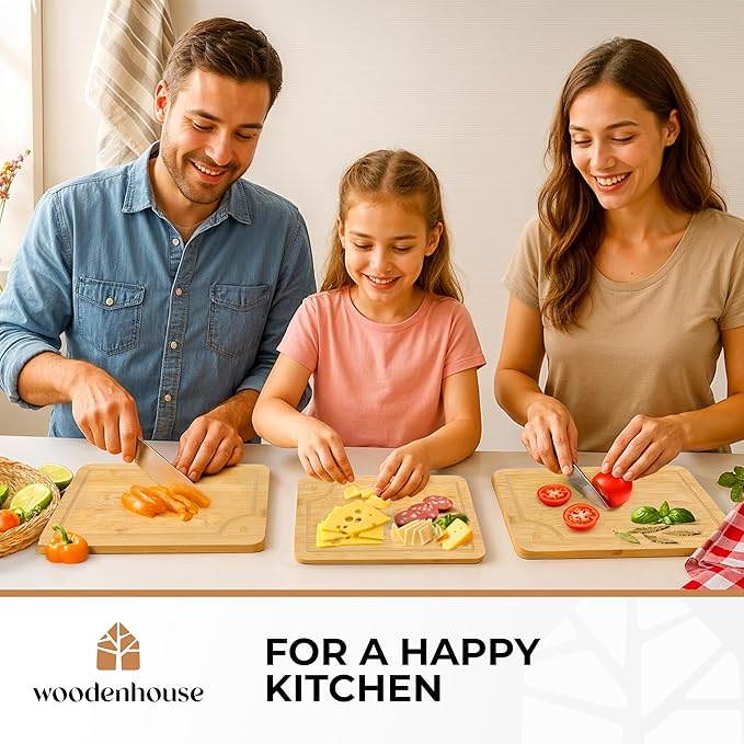 Bamboo Cutting Board Set of 3 - Thick & Durable Wood Cutting Boards with Deep Juice Grooves & Build-in Handles, Large Surface, Easy to Clean – for Meat, Vegetables and Fruits