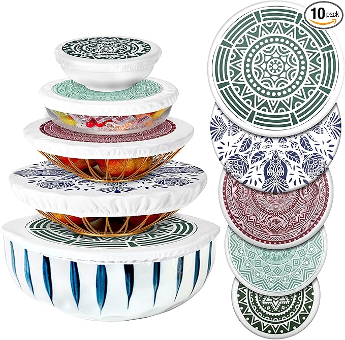 Patelai 10 Pcs Bowl Covers Reusable in 5 Size Stretch Cloth Fabric Elastic Food Storage Bowl Covers Bread Sourdough Lids for Proofing Food Fruits Leftover(Rustic Style)