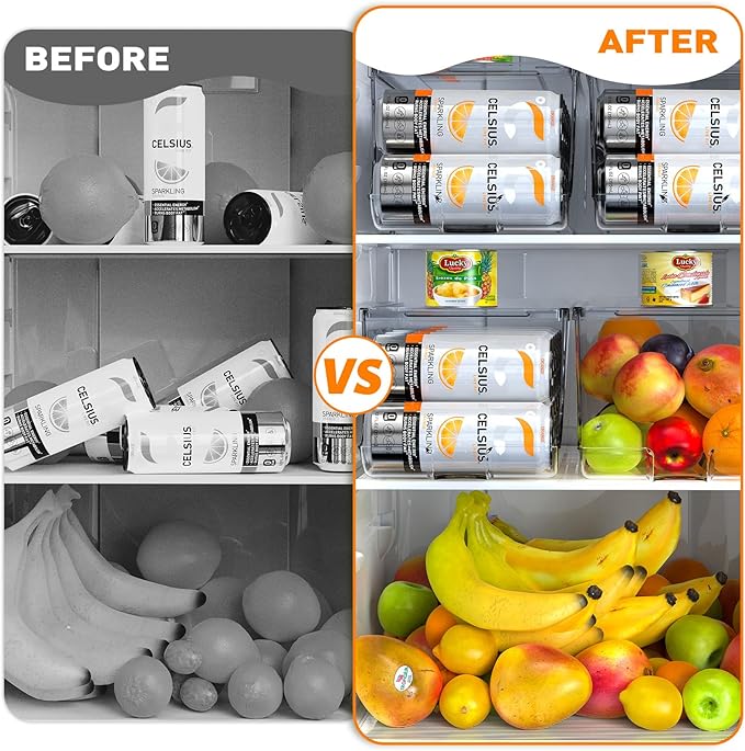 2 Pack Skinny Can Organizer for Refrigerator, Stackable Tall Skinny Soda Pop Can Holder Dispenser with Lid for Fridge Pantry Rack Freezer, Clear Plastic Storage Bins-Holds 12 Slim Cans Each