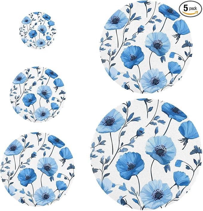 5 Pcs Bowl Covers Reusable in 5 Size Elastic Food Cover Cloth Lids Fresh Keeping Dish Cookware Bakeware Fabric Covers Lids for Food Leftovers Fruits Storage Blue Poppy Flowers and Branches