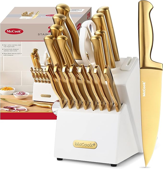 McCook® Kitchen Knife Sets, Golden Titanium Stainless Steel Knives Block Set with Built-in Sharpener