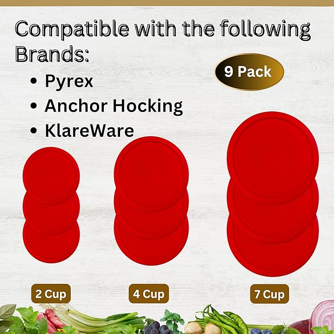 2, 4 & 7 Cup Red Replacement Lids/Covers for Pyrex, Anchor Hocking & KlareWare Storage Bowls *Lids Only Glass Container Not Included* (9 Pack *Three of Each Size*)