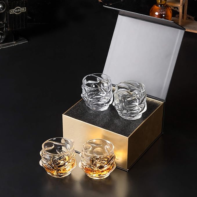 KANARS Old Fashioned Whiskey Glasses 11 Oz - Emperor Rocks Glasses Set of 4 for Bourbon Cocktail Scotch Snifter Malt Cognac - Heavy Crystal Bar Glassware - Unique Men Gift