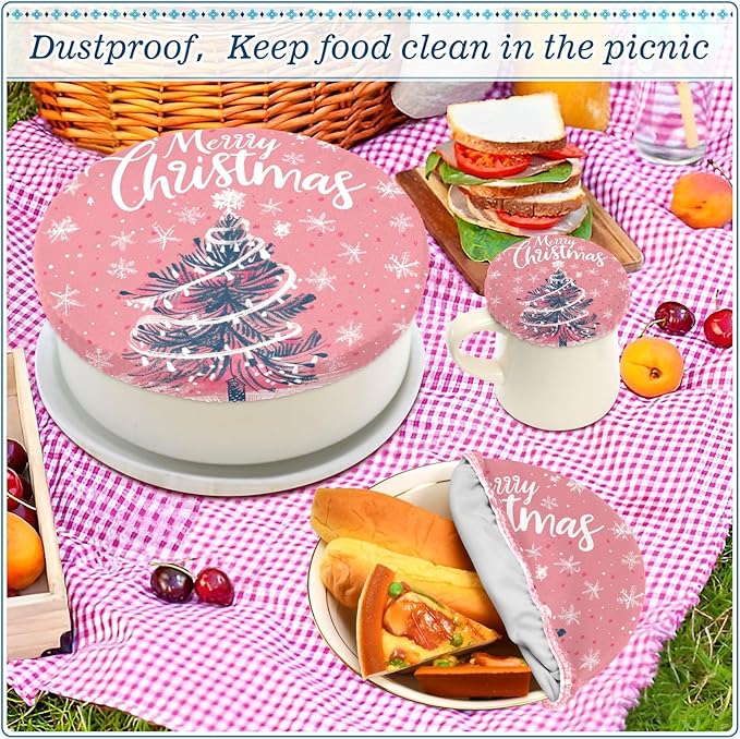 5 Pcs Bowl Covers Reusable in 5 Size Elastic Food Cover Cloth Lids Fresh Keeping Dish Cookware Bakeware Fabric Covers Lids for Food Leftovers Fruits Storage Pink Christmas Tree