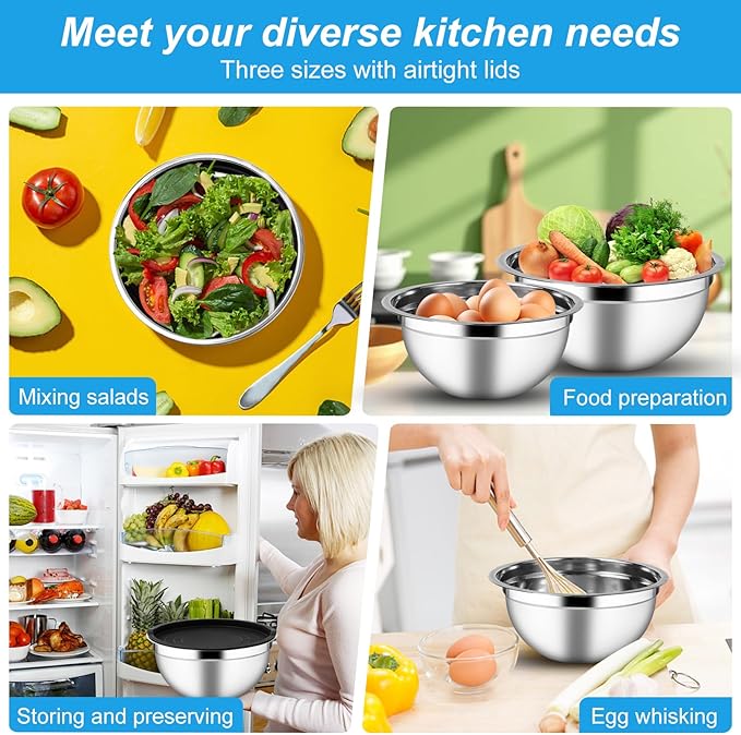 Mixing Bowls with Airtight Lids Set of 3, Stainless Steel Mixing Bowls, Nesting Salad Bowl for Prepping, Serving, Cooking, Kitchen, 4.5/2.5/1.5QT, Black