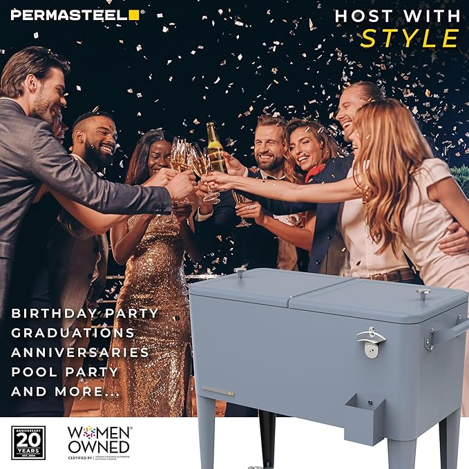 Permasteel 80 Quart Party Cooler, Rolling Ice Chest with Wheels and Handles for Indoor Outdoor Patio