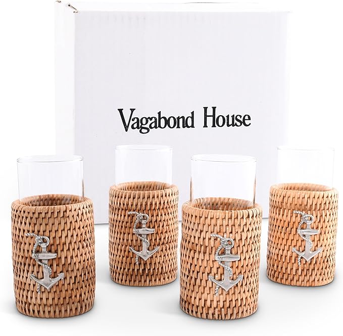Vagabond House Set of 4 Tall Drinking Glasses with Hand Woven Rattan and Pewter Anchor Detail, Ideal for Water and Cocktails, Stylish Coastal Kitchen Accessory for Beach House Boating 6 Inches Tall
