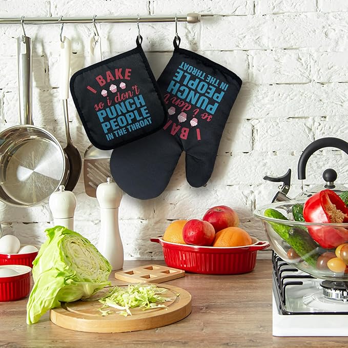 ZHANTUONE I Bake So I Don't Punch People in The Throat Funny Heat Resistant Oven Mitts and Pot Holders Set with Silicone Non-Slip, Women Bakers Cooking Baking Gadgets, Gifts for Chef Hostess Mom