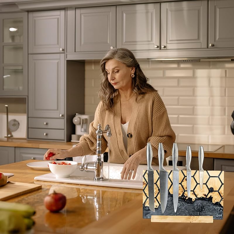 RWA Magnetic Knife Holder – Luxury Magnetic Knife Block Without Knives – Unique 6 Knife Magnet Display Stand Universal Knife Block Knife Holders for Counter Top Kitchen Organizer (Black Diamond)