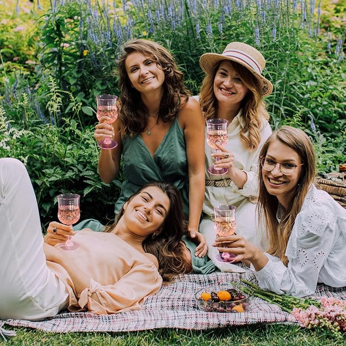 24 PCS Plastic Pink Wine Glasses Goblets Pink Vintage Wine Glasses, Reusable Drinkware Vintage Champagne, Plastic Goblets for Parties for Wedding Reception Grand Event Party, 7oz