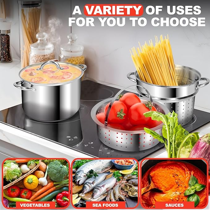 Culinary Edge Stainless Steel 8-Quart Nonstick 4-Piece Multi-Cooker with Steamer and Pasta Pot Cookware Set