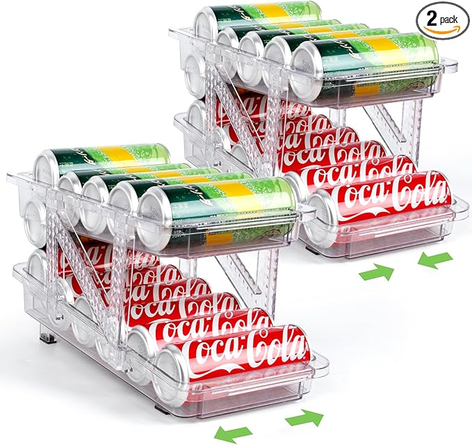 2 Pack Drink Organizer for Refrigerator, Soda Can Dispenser, Adjustable Width Canned Food Pop Cans Container Beverage Holder for Fridge Organizing, Clear Plastic Storage Bins