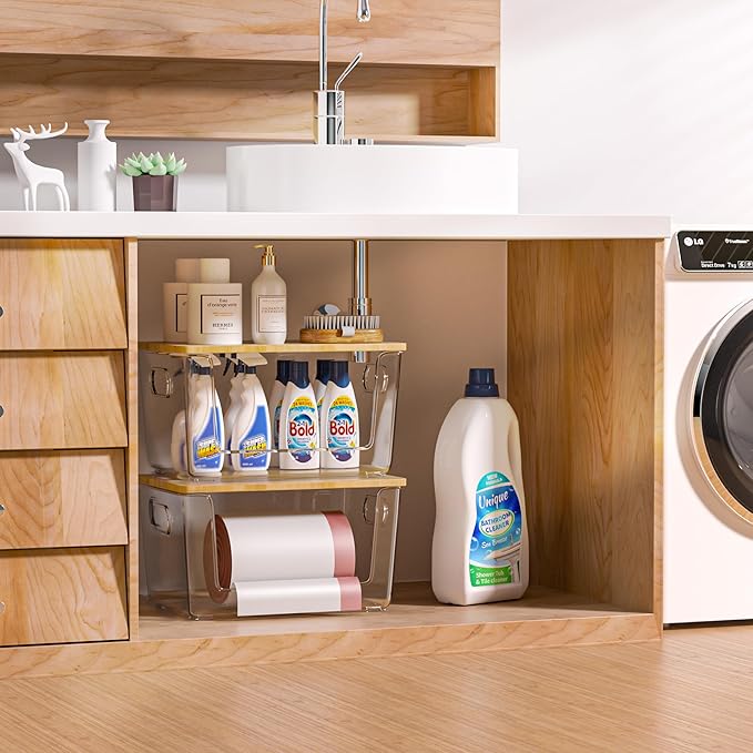 4 Set Pantry Organizer and Storage, Stackable Trash Bag Dispenser Clear Acrylic Kitchen Counter Pantry Baskets for Potato, Onion, Produce, Fruit, Vegetable, Snack, Trash Bag Holder with Bamboo Top