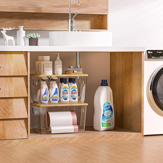 2 Set Pantry Organizer and Storage, Stackable Trash Bag Dispenser Clear Acrylic Kitchen Counter Pantry Baskets for Potato, Onion, Produce, Fruit, Vegetable, Snack, Trash Bag Holder with Bamboo Lid