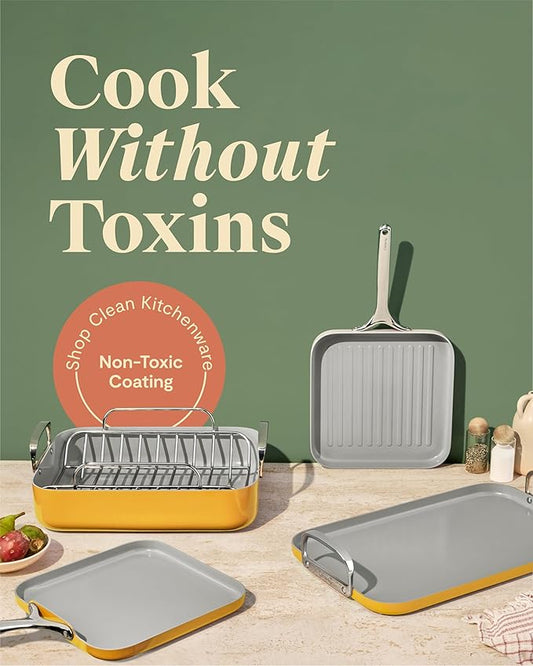 Caraway Square Cookware Set - Square Pans Set - Perfect for Griddling, Toasting, Searing, Roasting, and More - Non-Stick Ceramic Coated Pans - Non Toxic, PTFE & PFOA Free - Marigold