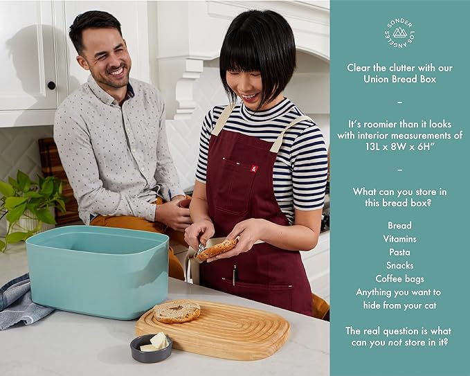 Sonder Los Angeles, Modern Bamboo Fiber and Recycled Plastic Bread Box (Blue Green) for Kitchen Countertop with Reversible Bread Board Wood Lid 14.25 x 9.25 x 7 in