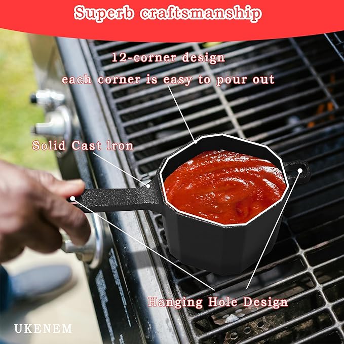 Cast Iron Sauce Pan with Lid, Small Cast Iron Basting Pot with Silicone Basting Brush, Spatula & Heat-Resistant Gloves, Mini Butter Melting Pot for BBQ Sauce, Braising, Stir-Fry & Casserole