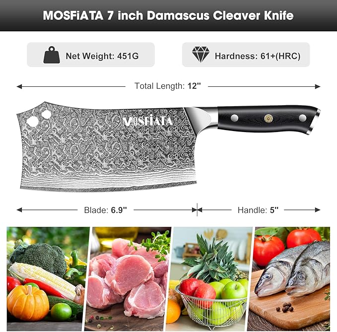 MOSFiATA Damascus 7” Cleaver Knife，Ultra Sharp Vegetable and Meat Butcher Knife with Finger Guard for Home Kitchen and Restaurant