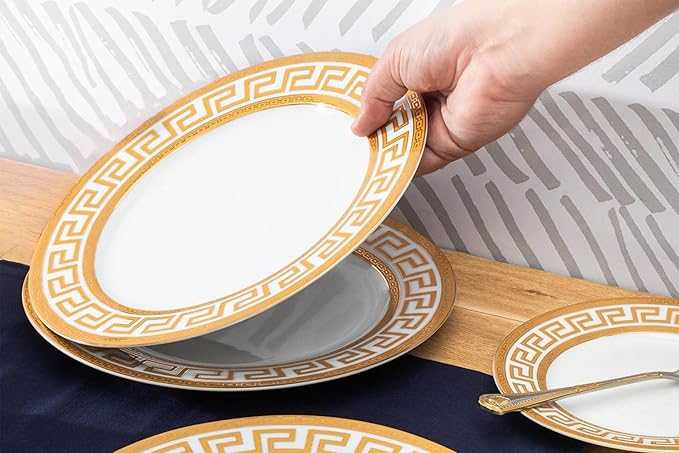 32 Piece Porcelain Dinnerware Sets – Service for 8 Plates and Bowls – White and Gold Greek Key Design Dishware for Kitchen, Formal Dining or Everyday Meals (Meander Gold)