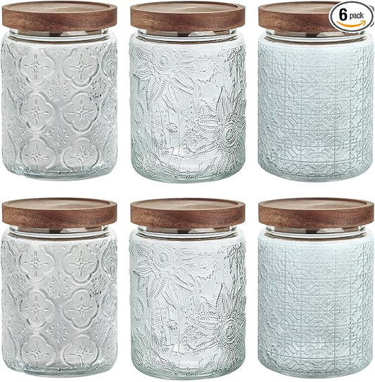 24 OZ/6 PCS Glass Storage Jar with Airtight Bamboo Wooden Lids, Vintage Food Containers Canisters Sets for Kitchen Counter Pantry, Sugar, Flour, Candy, Tea, Coffee Beans, Oats, Grain Bin, Pasta,