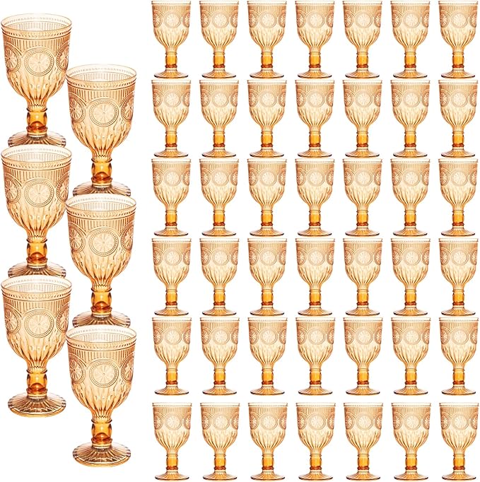 48 Pack Vintage Wine Glasses, Plastic Reusable 12 Ounce Colored Water Goblets, Unique Flower Embossed Pattern Unbreakable Stemmed Wine Glasses High Clear Wedding Party Bar Drinking Cups Amber