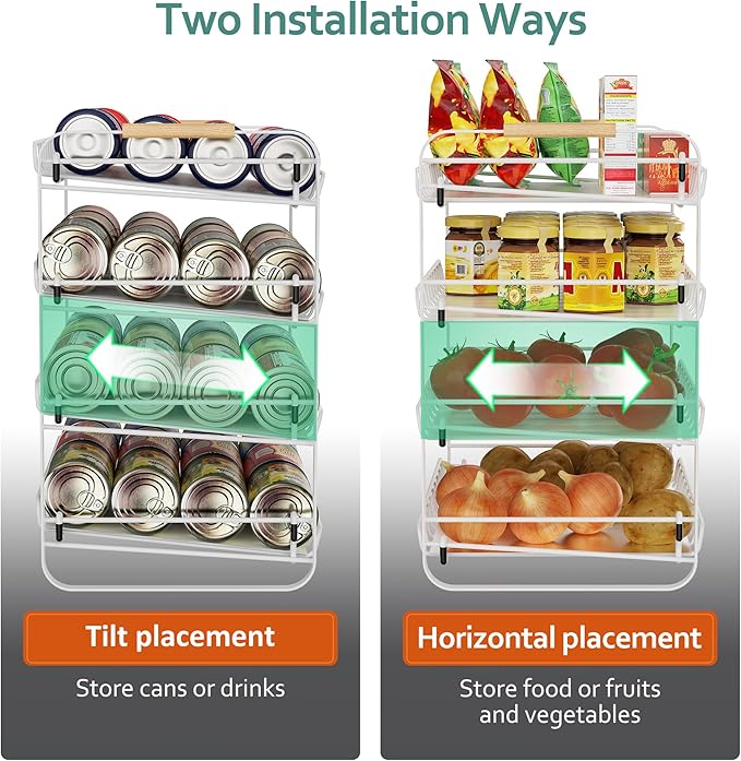 MAXIFFE 4 Tier Can Organizer for Pantry, 16.9"W×11.5"D×16.7"H, Space-Saving Adjustable Metal Hold 40 Standard 12-oz Cans Storage Rack Holder for Countertop Kitchen Soda Drinks Fruits, White