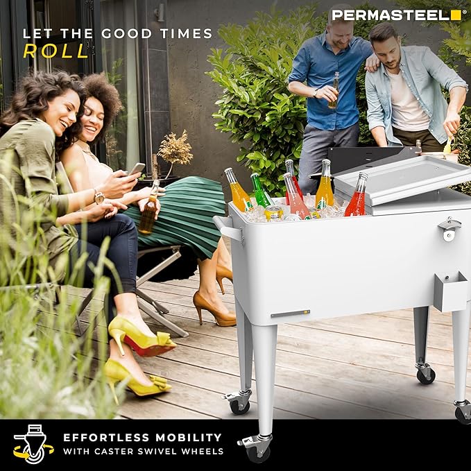 Permasteel 80 Quart Party Cooler, Rolling Ice Chest with Wheels and Handles for Indoor Outdoor Patio
