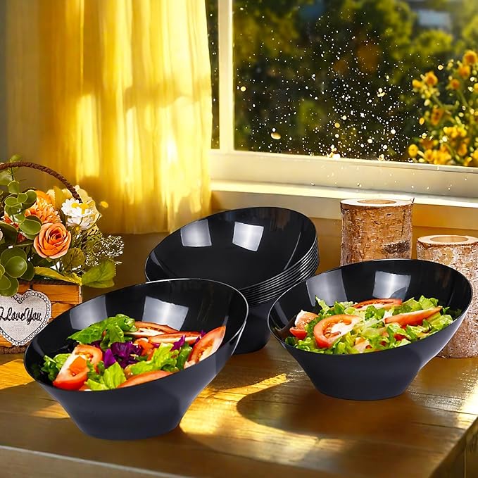 bUCLA 12 Pack Black Plastic Serving Bowls - 20 OZ Angled Bowls Disposable for Chip,Candy,Salad and Fruit - Ideal for Wedding, Party & Halloween